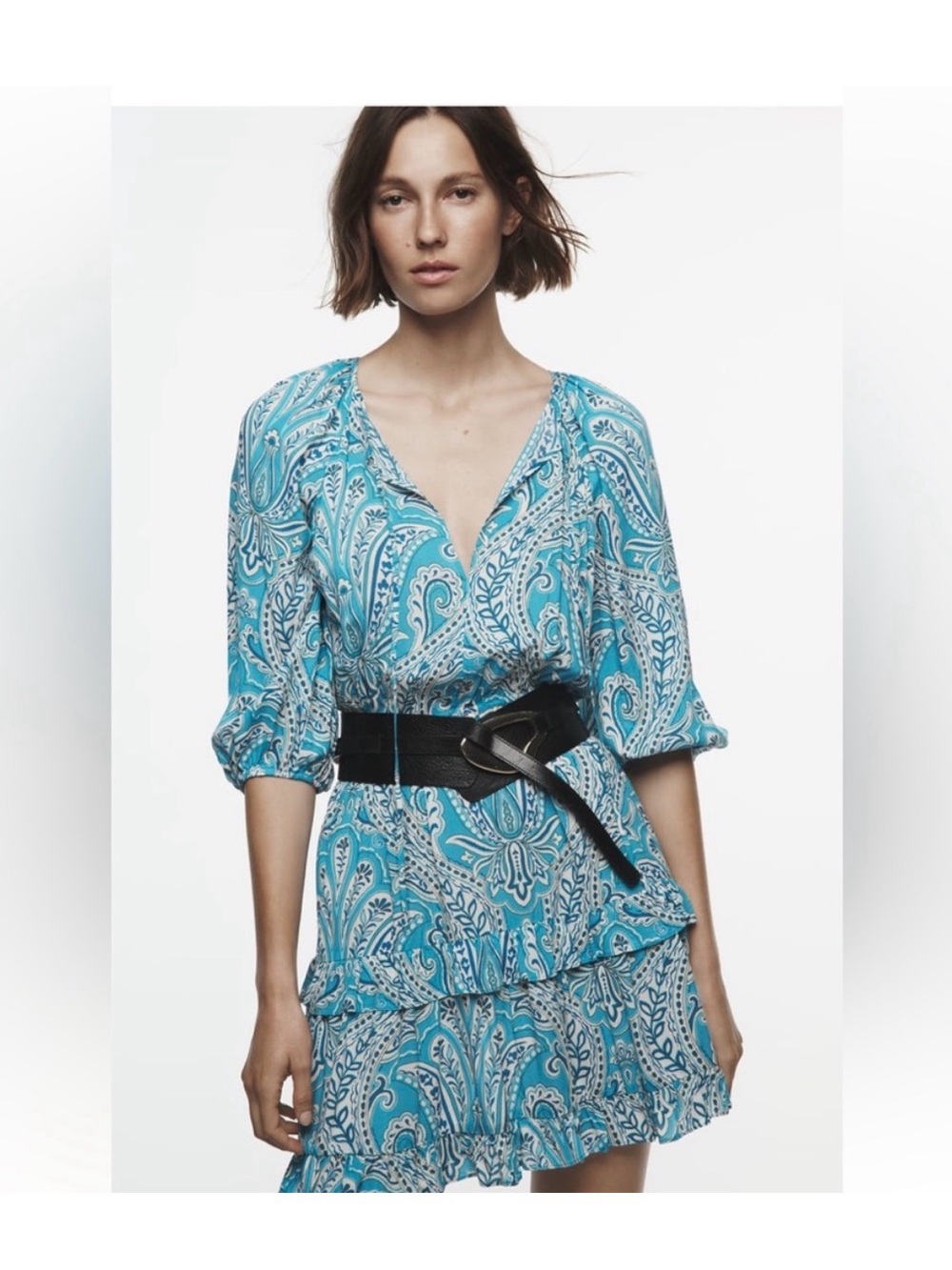 Zara Aqua and Cream Paisley V-Neck Mini Dress